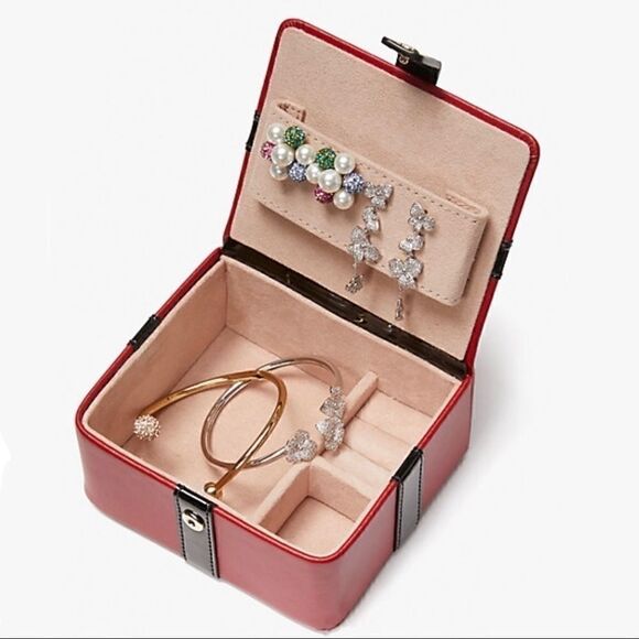 KATE SPADE GIFT/CANDY BOX LEATHER JEWELRY BOX IN RED CURRANT BLACK BOW NEW - Picture 6 of 10